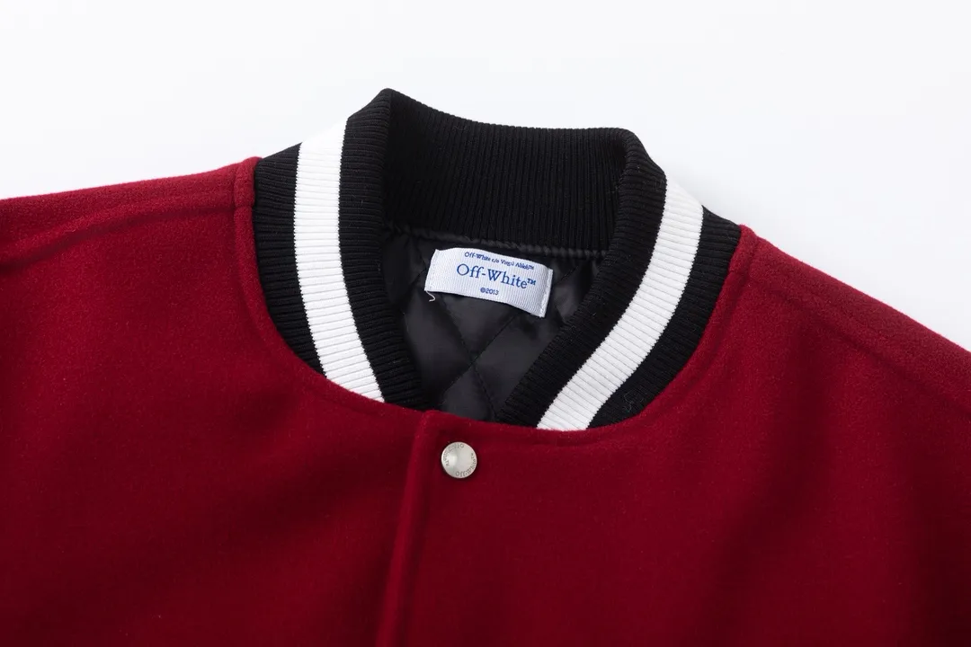 S69#P660, AC Milan offwhite25ss heavily embroidered leather baseball jersey, woolen fabric couple's jacket, black size: S M L XL
